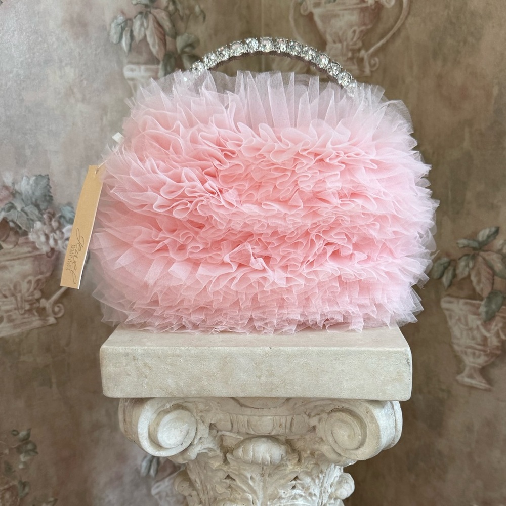 BADGLEY MISHKA JAZZIE JEWEL RUFFLED TULLE BAG SOFT PALE PINK